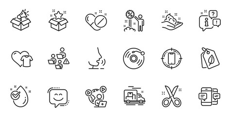 Outline set of Bio tags, Megaphone box and Vinyl record line icons for web application. Talk, information, delivery truck outline icon. Include Teamwork, Smile face, Video conference icons. Vector