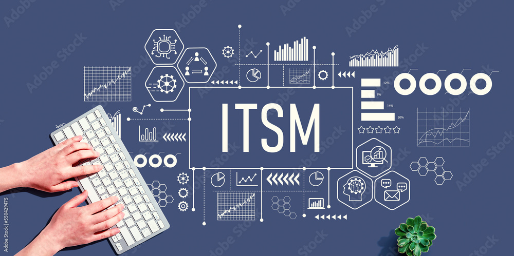 Poster itsm - information technology service management theme with person using a computer keyboard