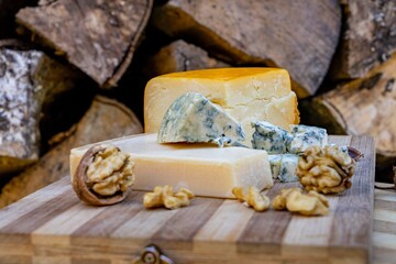 Parmesan cheese, blue cheese, goat cheese lying on a wooden board against the background of firewood
