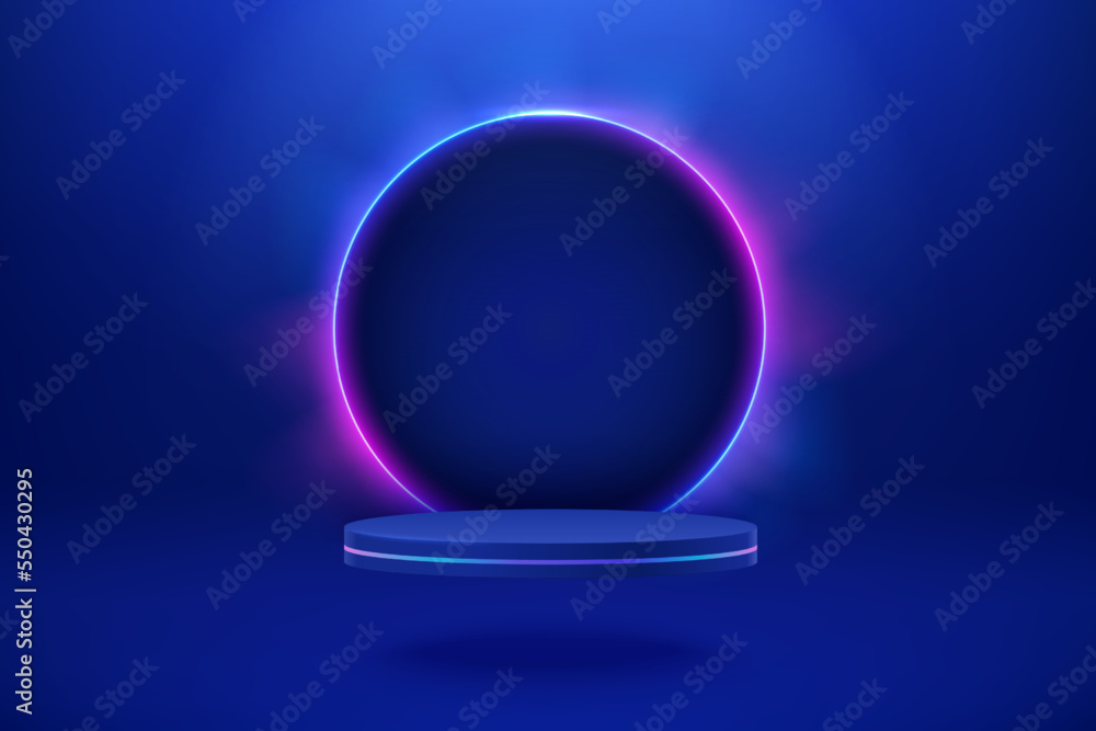 Aufkleber empty podium with line gradient neon ring. sci-fi abstract scene with pink and blue neon glowing fra
