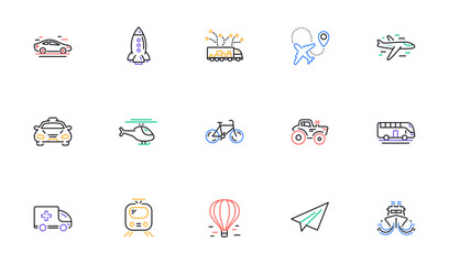 Transport line icons. Taxi, Helicopter and Train. Airplane linear icon set. Bicolor outline web elements. Vector