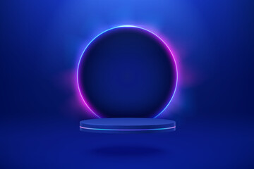 Empty podium with line gradient neon ring. Sci-fi abstract scene with pink and blue neon glowing frame and dark portal. Mockup scene. Geometry futuristic platform