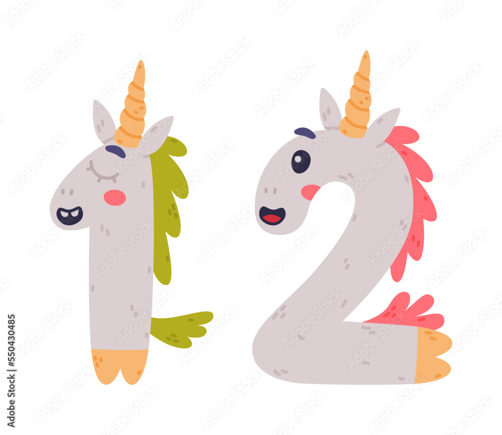 Poster unicorn cute number one and two with smiling face and twisted horn vector set