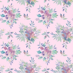 Watercolor floral seamless pattern. delicate bouquets of colorful flowers, leaves, herbs, and buds on an abstract background.