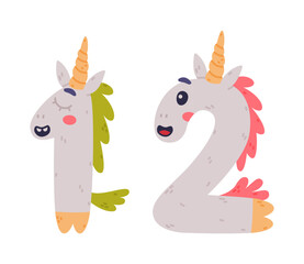 Unicorn Cute Number One and Two with Smiling Face and Twisted Horn Vector Set