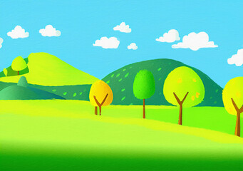 Fototapeta premium Digital painting illustration of spring or summer beautiful landscape. Rural motifs, ecology, nature.