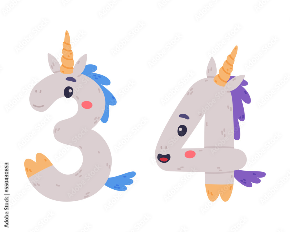 Poster unicorn cute number three and four with smiling face and twisted horn vector set