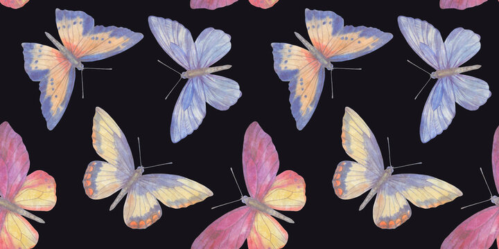 watercolor butterflies, seamless pattern for design, Abstraction botanical, colorful background.