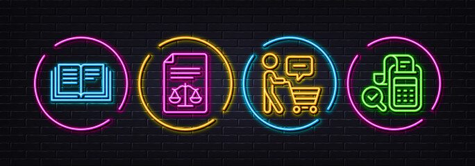 Education, Buyer think and Legal documents minimal line icons. Neon laser 3d lights. Bill accounting icons. For web, application, printing. Instruction book, Shopping cart, Justice scale. Vector