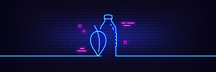 Neon light glow effect. Water bottle line icon. Soda aqua drink sign. Mint leaf symbol. 3d line neon glow icon. Brick wall banner. Water bottle outline. Vector