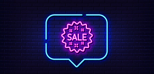 Neon light speech bubble. Sale line icon. Shopping discount sign. Clearance symbol. Neon light background. Sale glow line. Brick wall banner. Vector