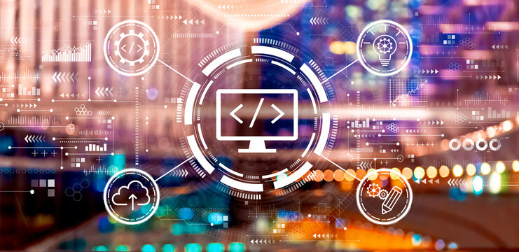 Web development concept with big city lights at night