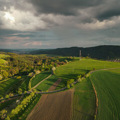Meadow with sunset before storm drone shot 
