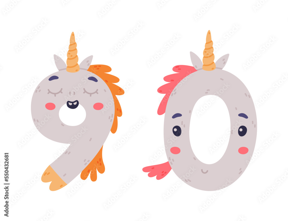 Poster unicorn cute number nine and zero with smiling face and twisted horn vector set