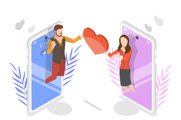 3D Isometric Flat  Conceptual Illustration of Virtual Dating