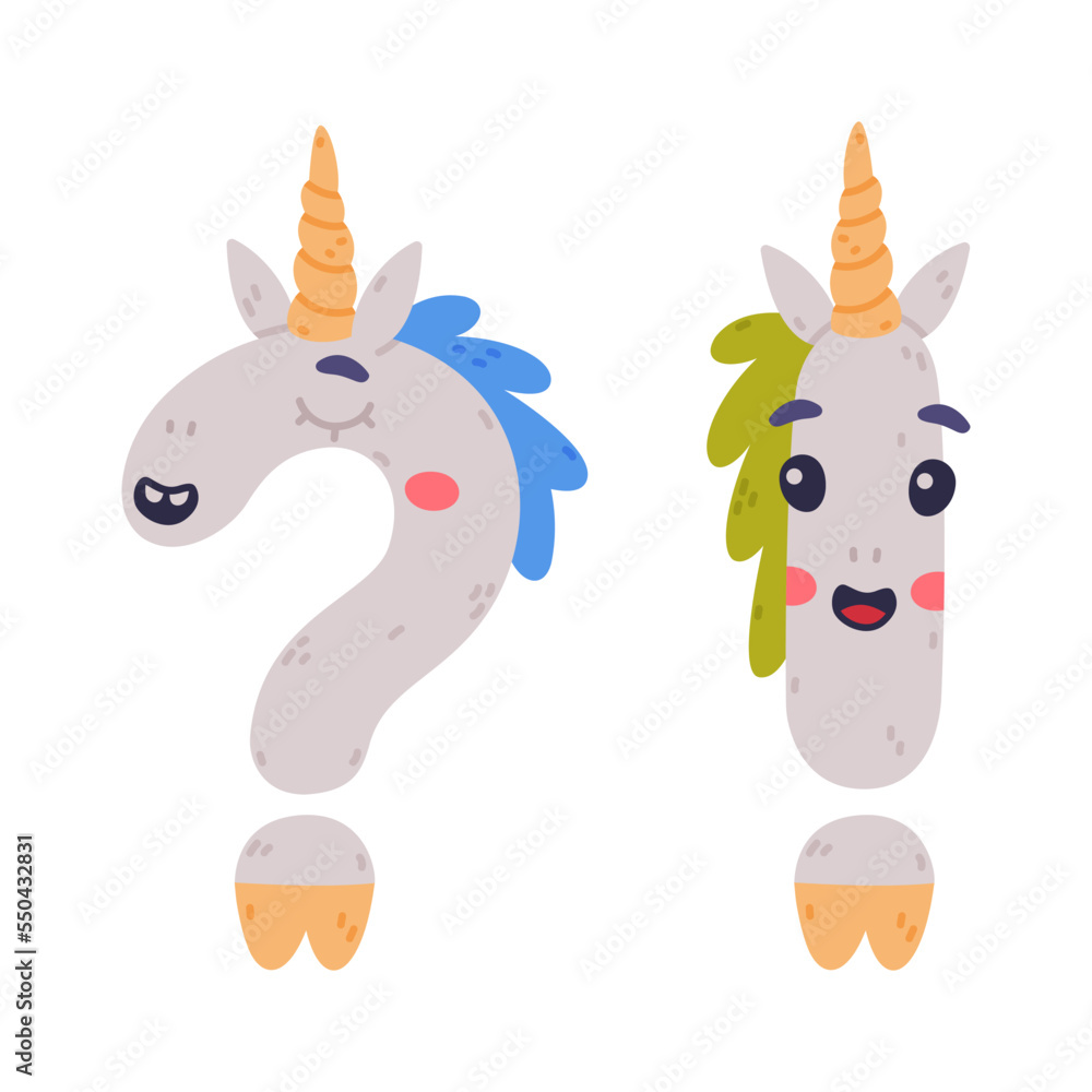 Sticker unicorn cute interrogation and exclamation mark with smiling face and twisted horn vector set