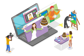 3D Isometric Flat  Conceptual Illustration of Online Video Classes