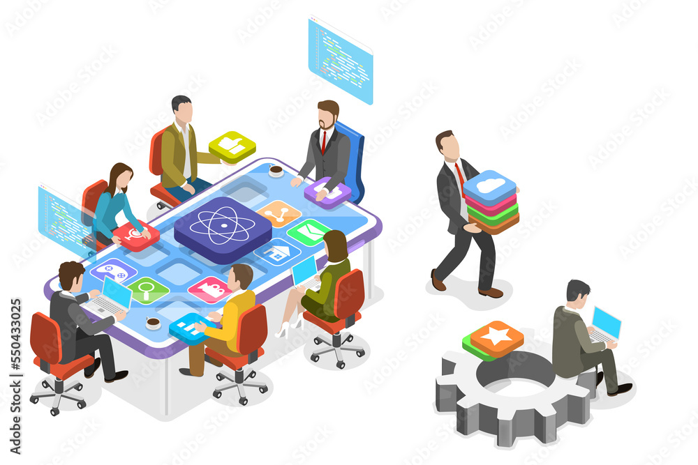 Poster 3d isometric flat conceptual illustration of react native development