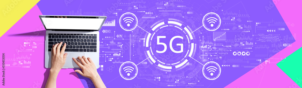 Poster 5g network with person using a laptop computer