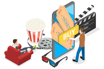 3D Isometric Flat  Conceptual Illustration of Movie Tickets Online