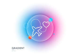 Honeymoon travel line icon. Gradient blur button with glassmorphism. Love trip sign. Valentines day flight symbol. Transparent glass design. Honeymoon travel line icon. Vector