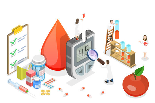 3D Isometric Flat  Conceptual Illustration of Blood Glucose Test