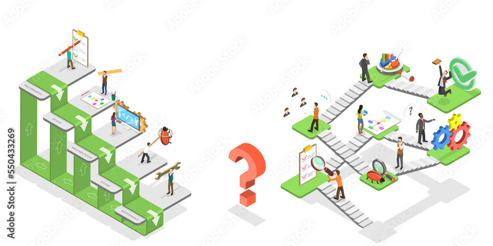 Poster 3d isometric flat conceptual illustration of agile vs waterfall methodologies