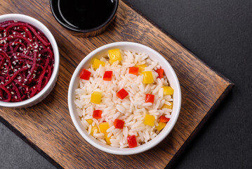 Tasty Asian dish of rice, pepper, spices and herbs