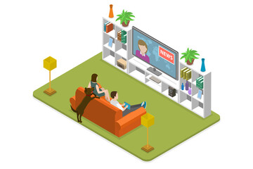 3D Isometric Flat  Conceptual Illustration of Watching News