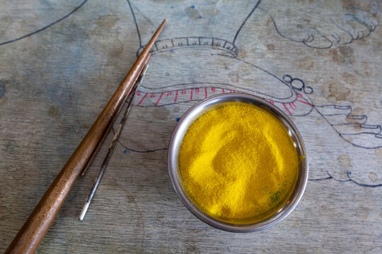 The Chak Pur is the traditional tool used to create sand Mandalas. Shechen Tennyi Dargyeling Monastery. Kathmandu. Nepal.
