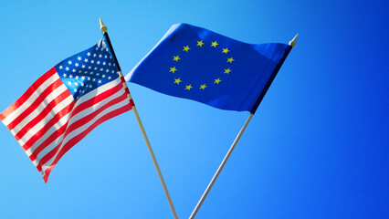 American and European flags. International trade relations. 