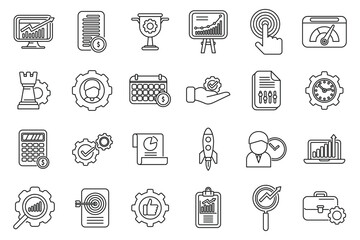 Performance management icons set outline vector. People study. Finance monitor