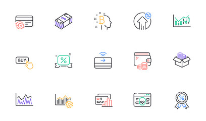Usd currency, Buy button and Change card line icons for website, printing. Collection of Loan percent, Investment, Wallet icons. Financial diagram, Discounts ribbon, Money box web elements. Vector