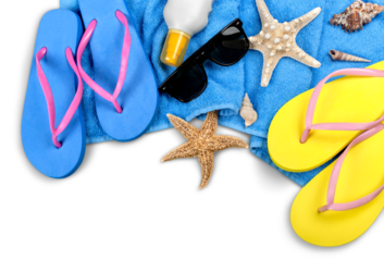 Seashell and flip-flop on blue towel background. Travel concept