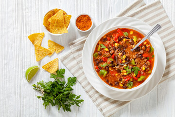 taco soup of ground beef, corn, beans and veggies