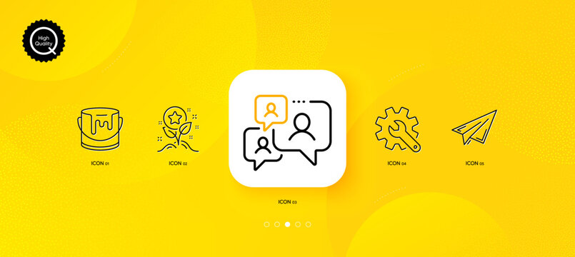 Paper plane, Support chat and Paint minimal line icons. Yellow abstract background. Customisation, Loyalty points icons. For web, application, printing. Airplane, Comment bubble, Tin of dye. Vector