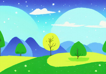 Obraz premium Digital painting illustration of spring or summer beautiful landscape. Rural motifs, ecology, nature.
