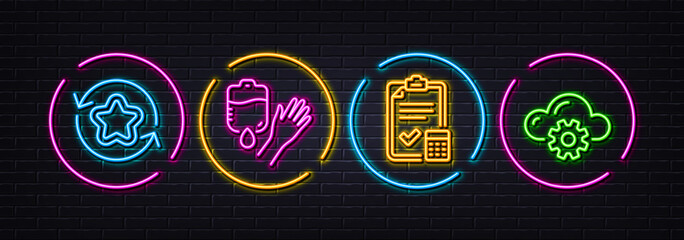 Loyalty points, Blood and Accounting checklist minimal line icons. Neon laser 3d lights. Cloud computing icons. For web, application, printing. Bonus reward, Donor hand, Calculator. Vector