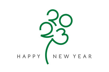 Creative 2023 Happy New Year logo shaped to Four leaf clover design. Wish of good Luck.