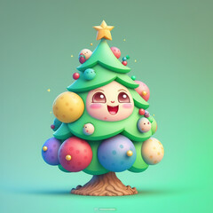 Adorable cartoon Christmas tree with smiling face, decorated with colorful ornaments and a star topper on a pastel background