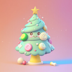 Adorable cartoon Christmas tree with smiling face, decorated with colorful ornaments and a star topper on a pastel background