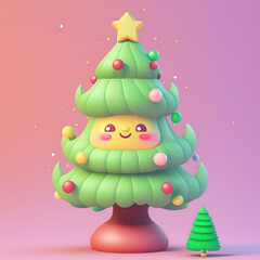 Adorable cartoon Christmas tree with smiling face, decorated with colorful ornaments and a star topper on a pastel background