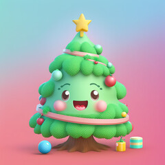 Adorable cartoon Christmas tree with smiling face, decorated with colorful ornaments and a star topper on a pastel background