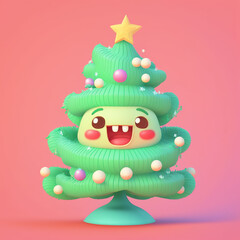 Adorable cartoon Christmas tree with smiling face, decorated with colorful ornaments and a star topper on a pastel background