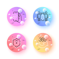 360 degrees, Cardio training and Shield minimal line icons. 3d spheres or balls buttons. Partnership icons. For web, application, printing. Full rotation, Fitness app, Password protect. Vector