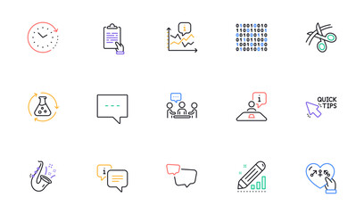 People chatting, Quick tips and Info line icons for website, printing. Collection of Jazz, Edit statistics, Blog icons. Interview, Speech bubble, Scissors web elements. Binary code. Vector