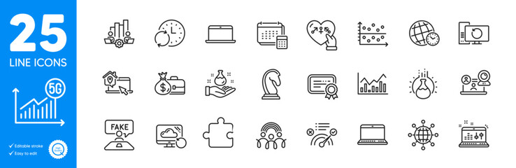 Outline icons set. Update time, Laptop and Sound check icons. Marketing strategy, Inclusion, Account web elements. Work home, Video conference, Salary signs. Chemistry lab, Certificate. Vector