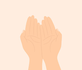 Two hands together with palms up, top view. Flat vector illustration