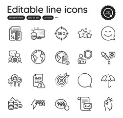 Set of Technology outline icons. Contains icons as Engineering team, Cyber attack and Umbrella elements. Shield, Instruction manual, Quick tips web signs. Online voting, Brand ambassador. Vector