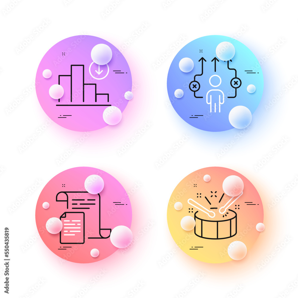 Poster decreasing graph, business way and documents minimal line icons. 3d spheres or balls buttons. drums 